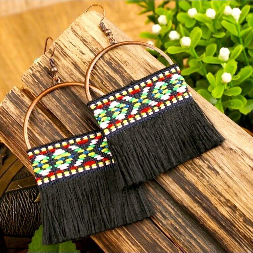 Copper and Black Fringe Tassel Earrings